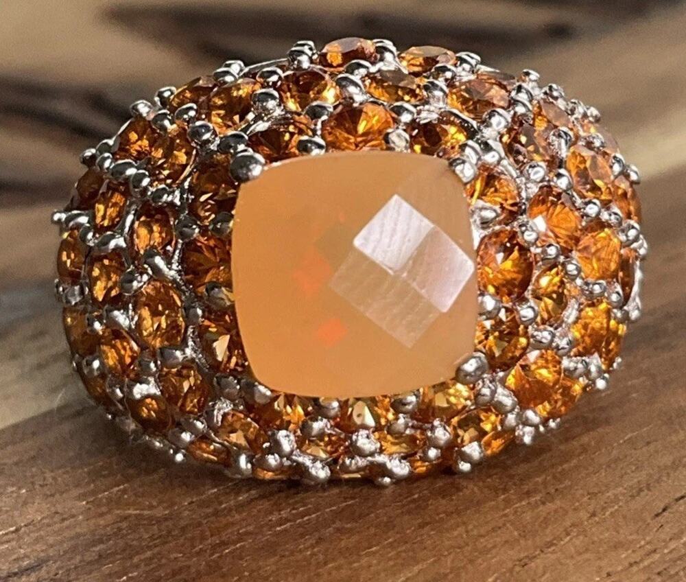 Vintage Sterling Silver Peach Chalcedony Orange Gemstone Cocktail Ring Size 7